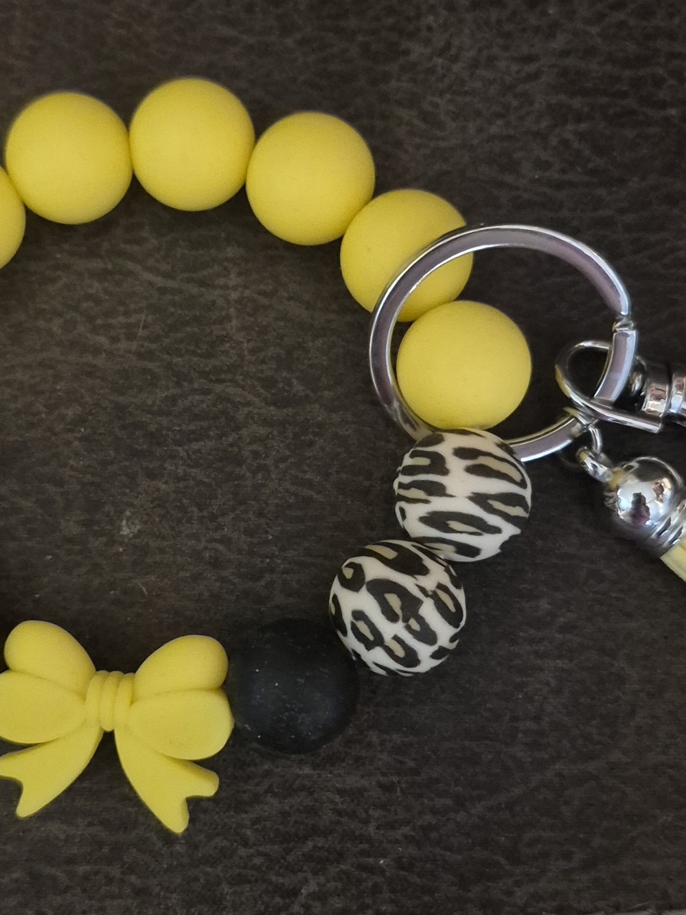 Yellow Bow Bead Keychain with Animal Print Accent